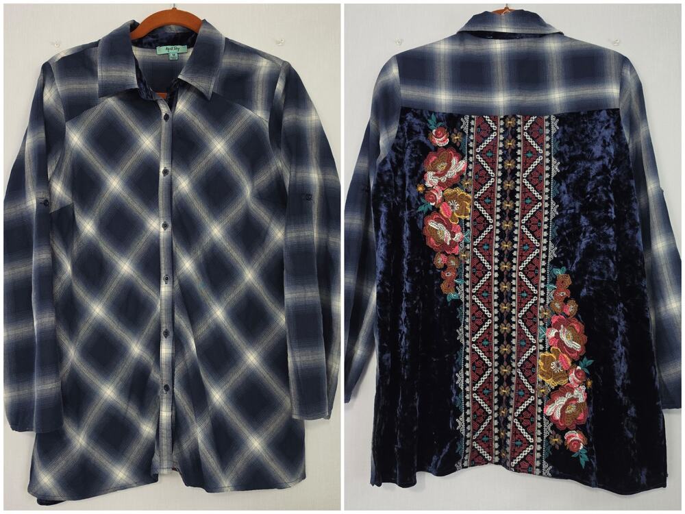 April Sky Plaid Floral Embroidered Velvet Top sz M Roll Tab Sleeves Button Front